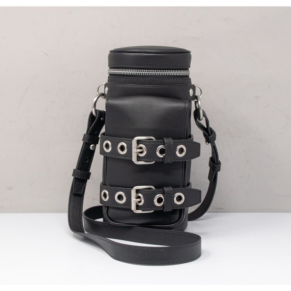 Versace Unisex Black Mini Calfskin Leather Double Buckle Biker Crossbody Bag